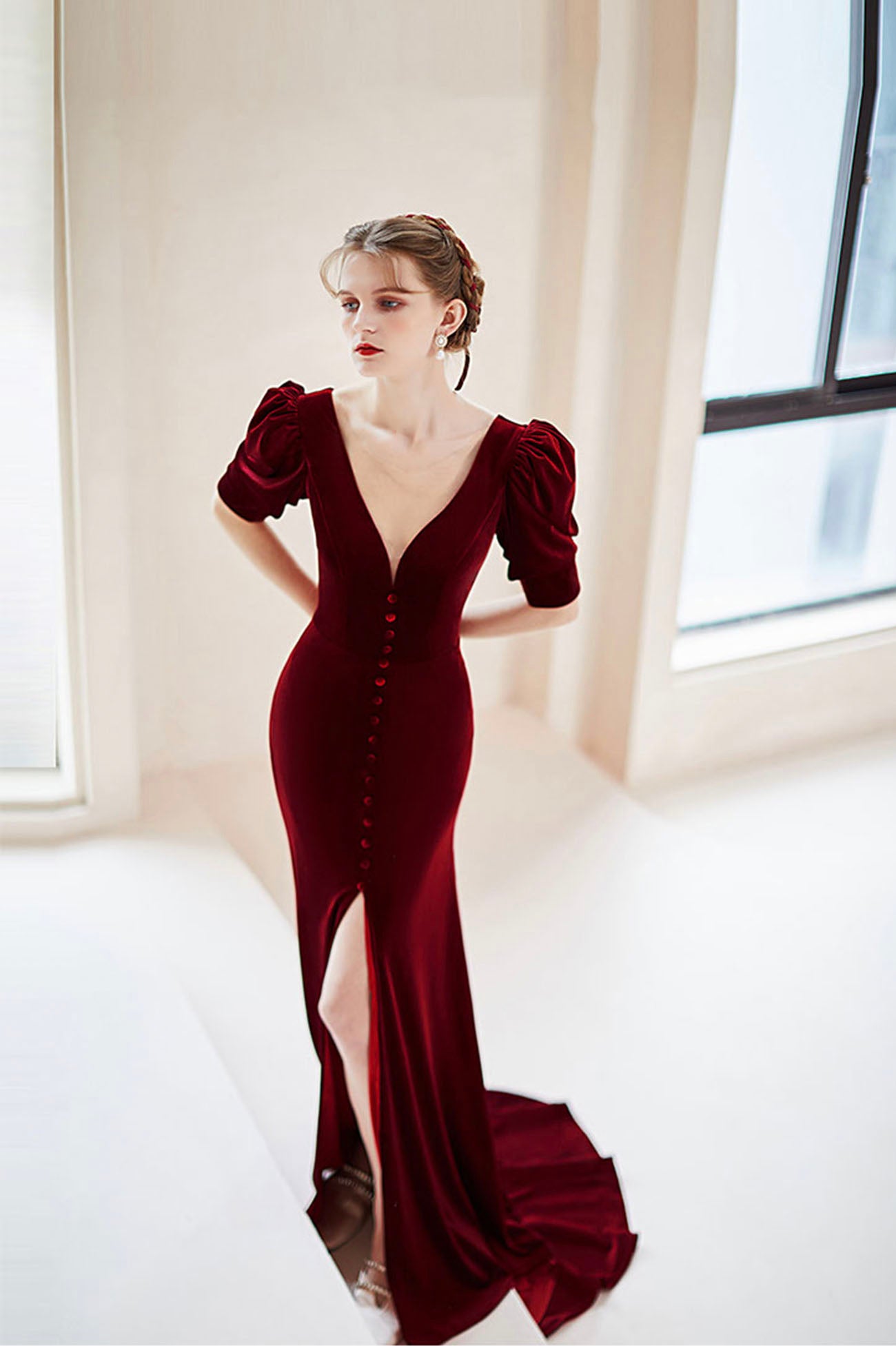 red velvet long sleeve dress